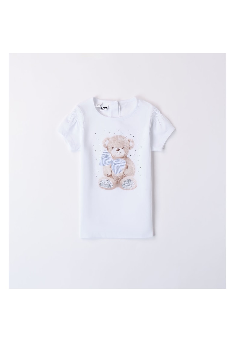 Tricou cu imprimeu ursulet si strasuri pentru fete - 4.8741 - Alb/Albastru