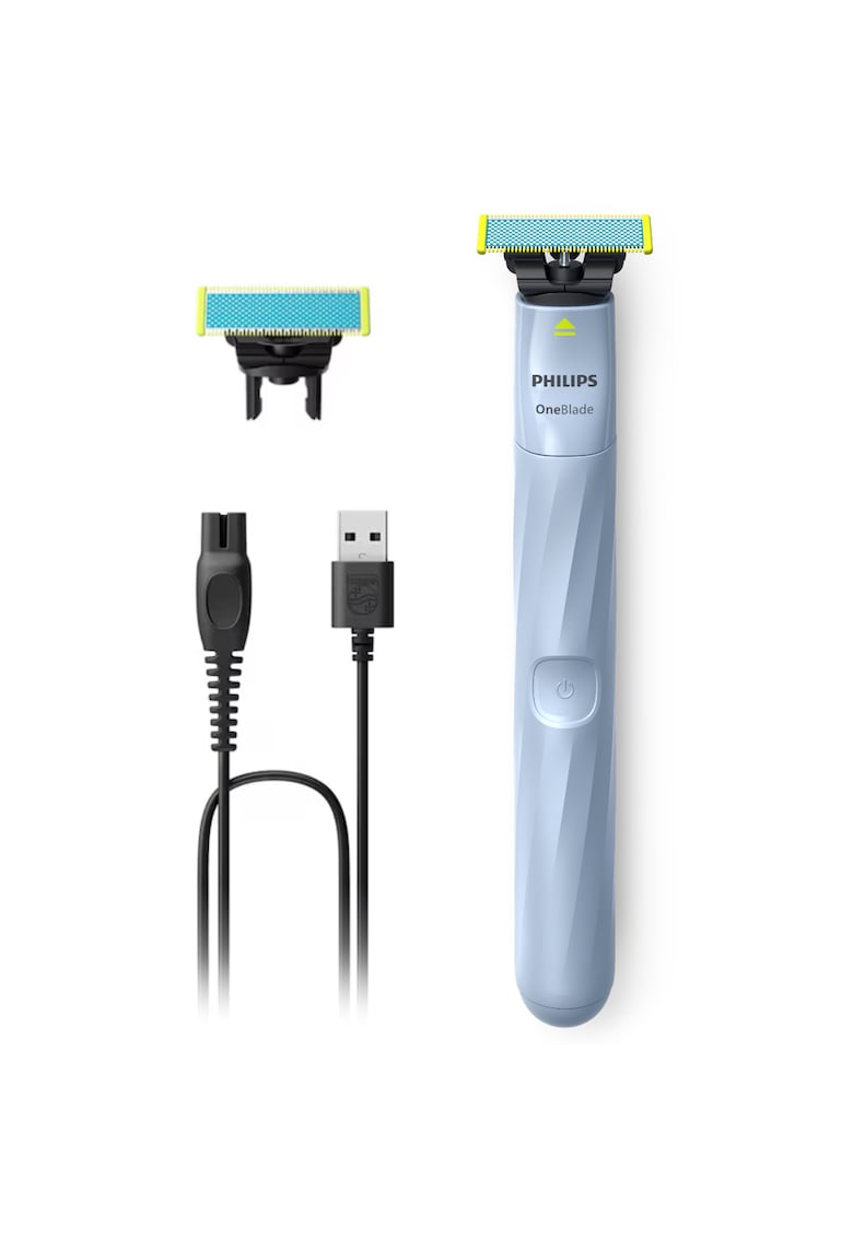 Aparat de ras OneBlade First Shave QP1324/30 - pentru piele sensibilă - 2 lame Anti-Friction - 30 min - cablu USB-A - Albastru