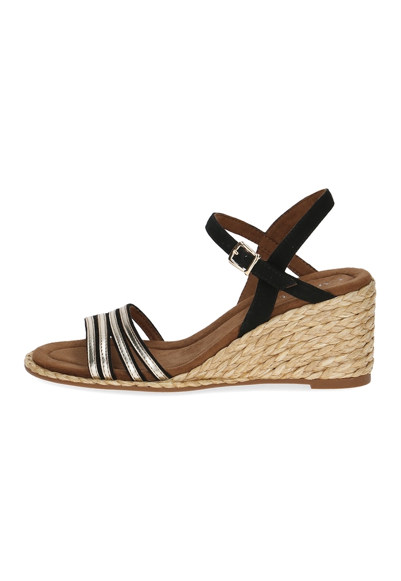 Sandale cu talpa wedge si catarame - Negru/Maro nisip