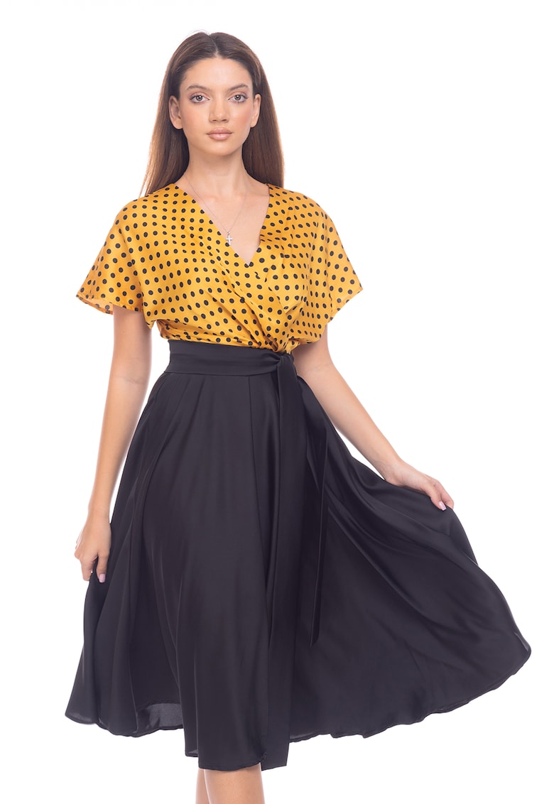 Rochie midi cu croiala petrecuta si decolteu cache-coeur