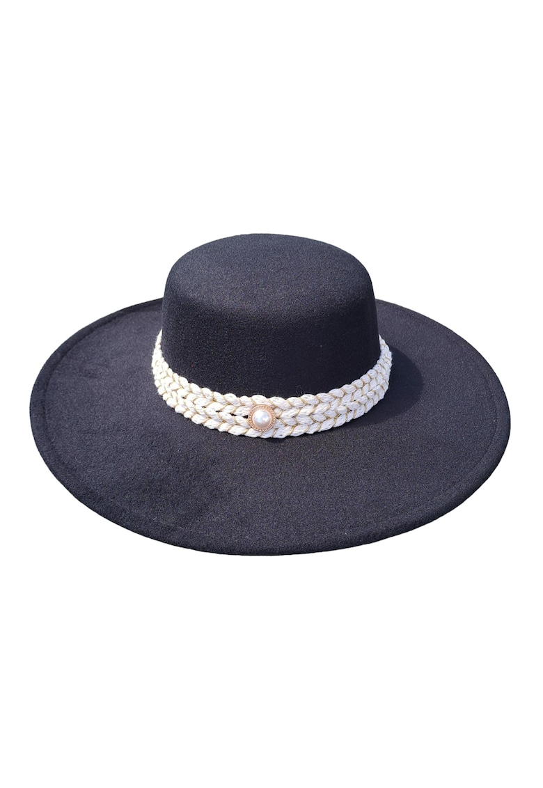 Palarie neagra - stil canotiera - cu bor lat - handmade - Serin