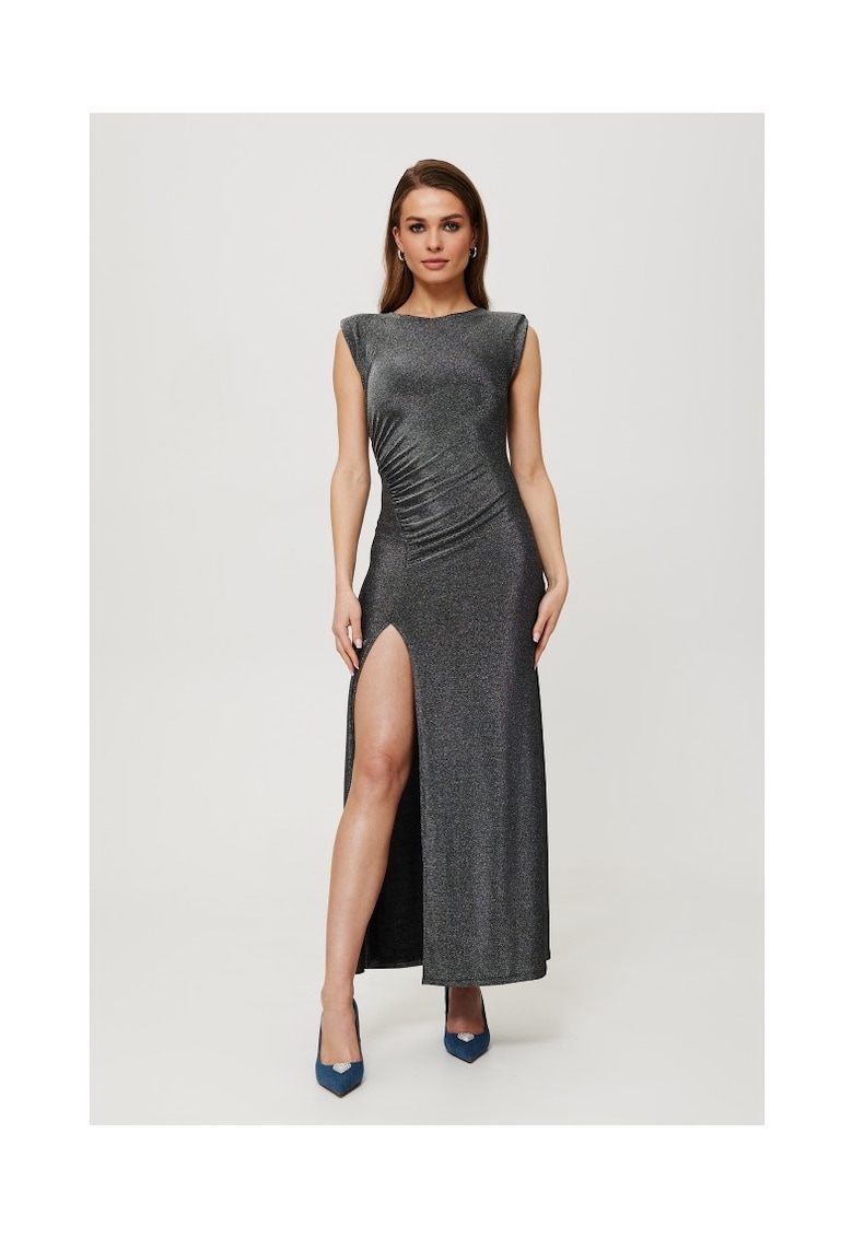 Rochie maxi metalica cu perne si pliuri - argintie - 56497