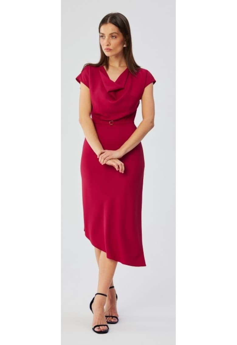 Rochie dama - asimetrica cu decolteu in cascada - Poliester - Rosu