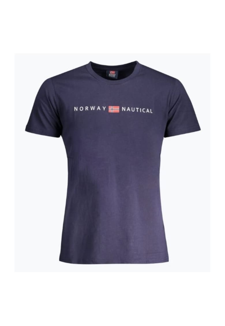 Tricou barbati cu decolteu la baza gatului si imprimeu cu logo - Bleumarin inchis