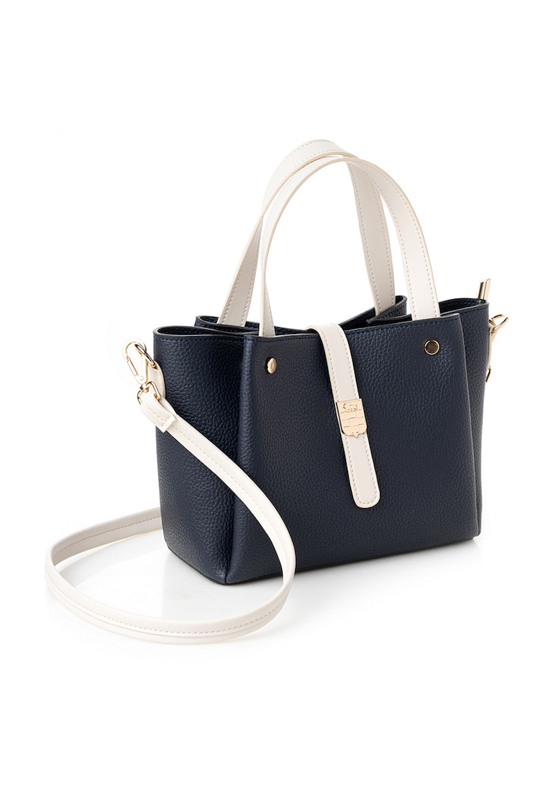 Geanta din piele ecologica cu bareta de umar detasabila - Albastru inchis/Crem - 19 x 25 x 11 CM