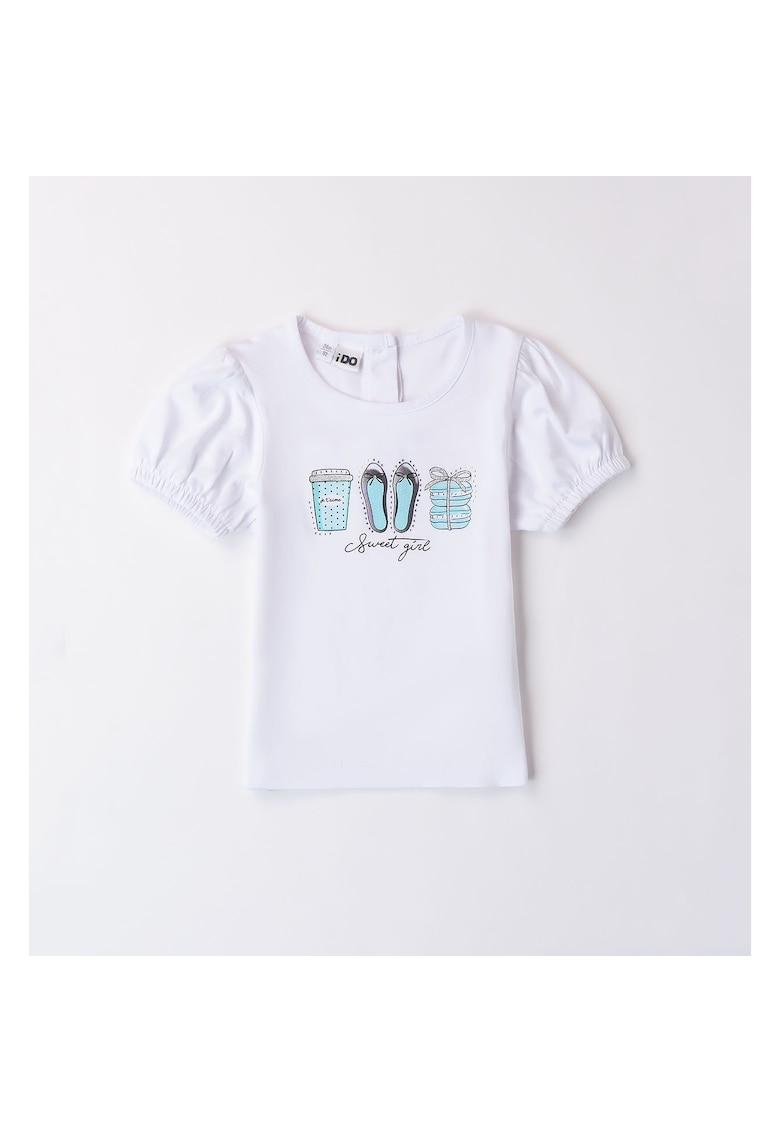 Tricou cu imprimeu si maneci bufante pentru fete - 4.8745 - Alb - Alb/Aqua