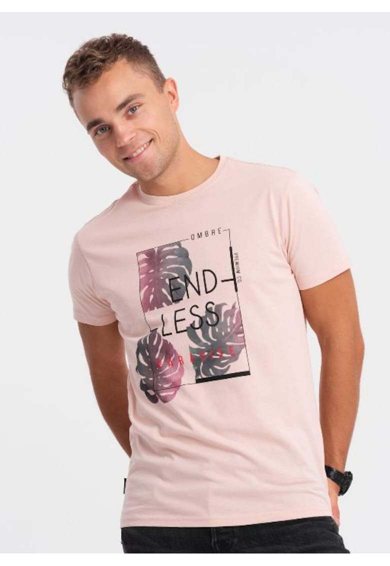 Tricou cu imprimeu OM-TSPT-0131 - Pentru barbati - Bumbac - Roz deschis