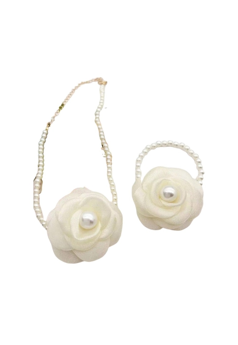 Set colier choker si bratara - cu floare alb unt si perle - Beatriz C14 -
