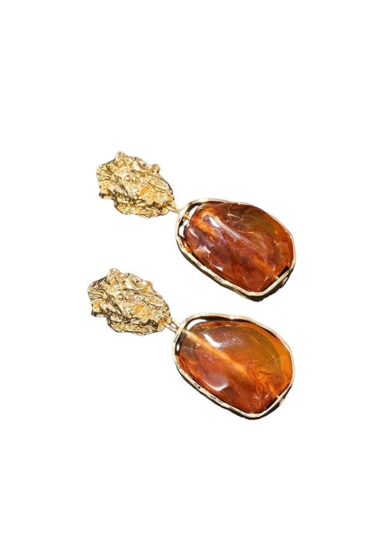 Cercei aurii - cu clips - textura sifonata si piatra maro - Birge C6 -