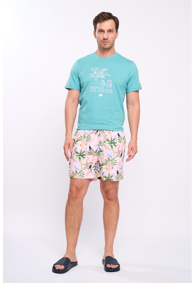 Pantaloni scurti de baie cu model tropical si talie ajustabila