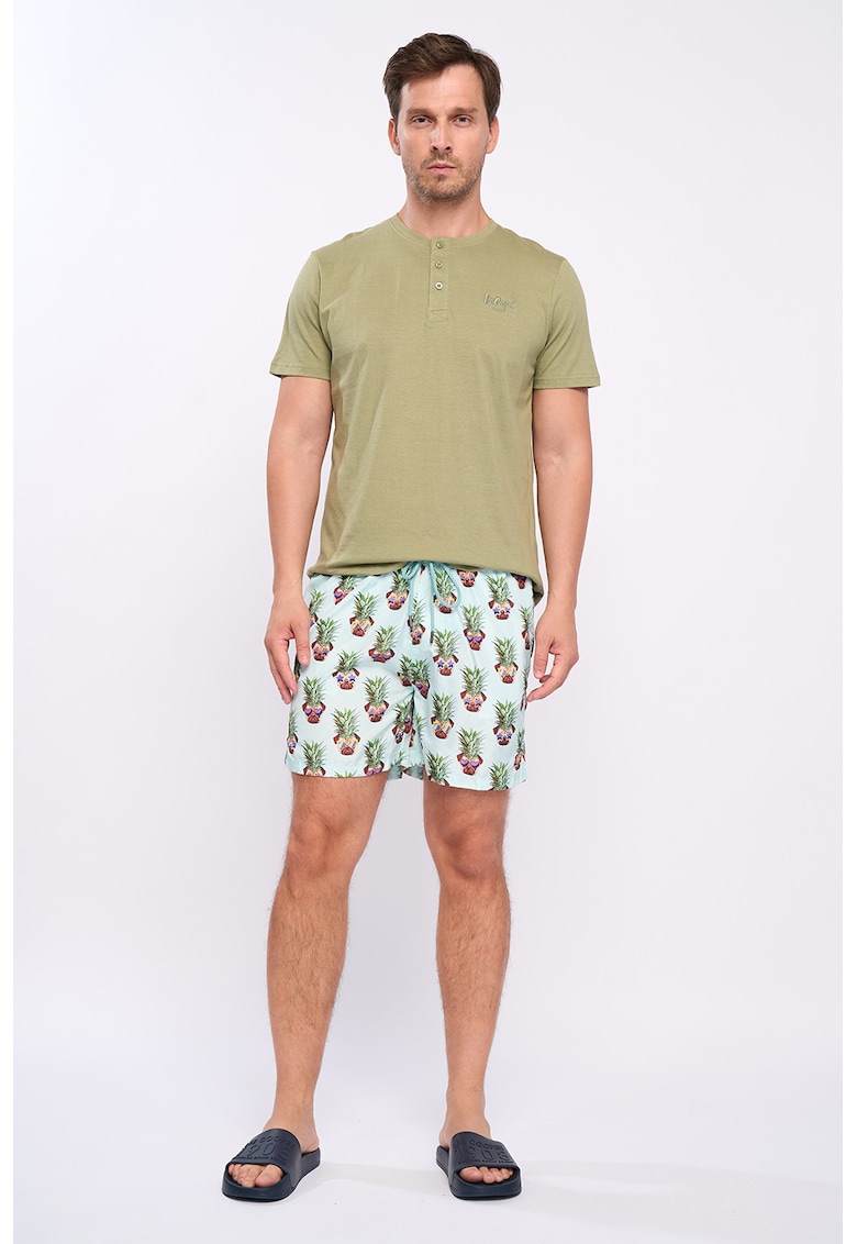 Pantaloni scurti de baie cu model tropical si talie ajustabila