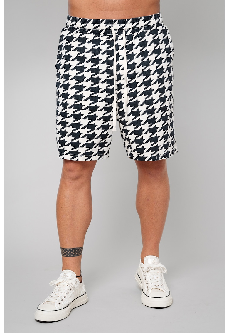 Pantaloni scurti cu imprimeu houndstooth si snur de ajustare in talie