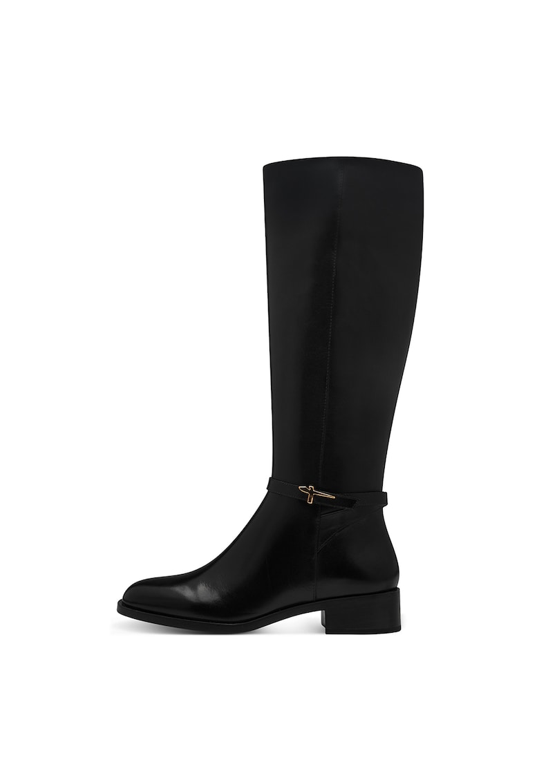 Cizme mid-calf de piele cu toc masiv - Negru
