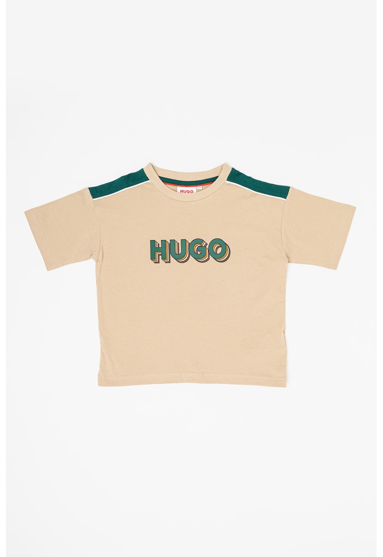 Tricou cu decolteu la baza gatului si imprimeu logo - Verde/Portocaliu/Bej