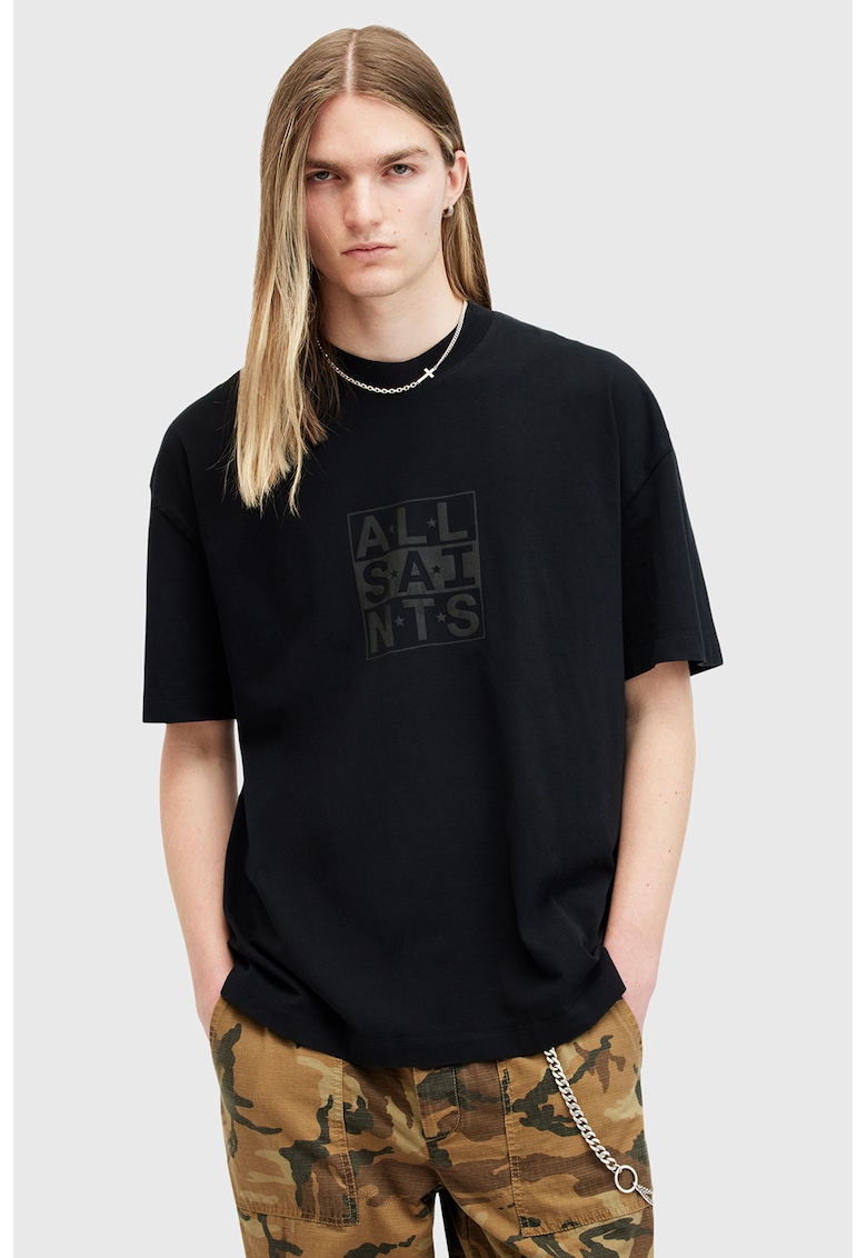 Tricou cu decolte la baza gatului si logo - Negru