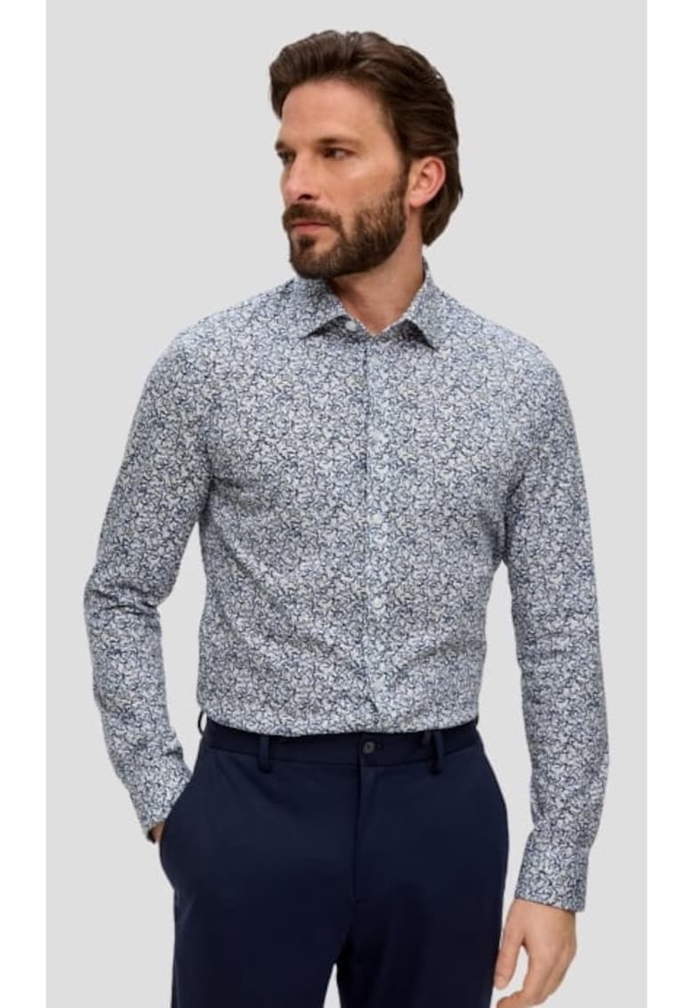 Camasa barbati cu maneca lunga din jerse de bumbac si imprimeu floral - Albastru Camasa barbati cu maneca lunga din jerse de bumbac si imprimeu floral - Albastru