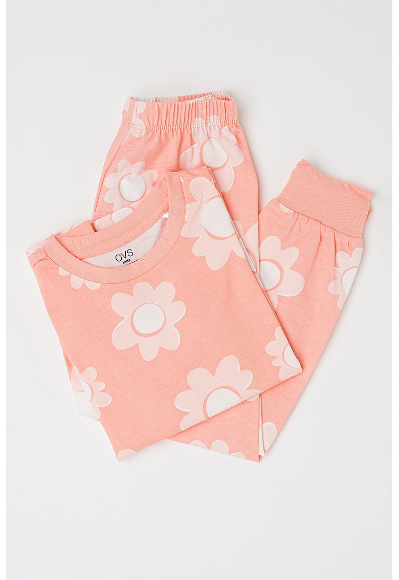 Pijama de bumbac cu imprimeu floral - Roz