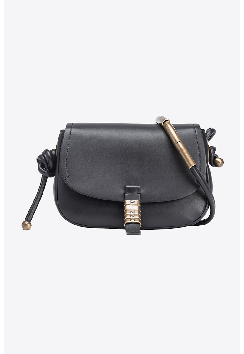 Geanta crossbody de piele cu clapa si detalii metalice - Negru