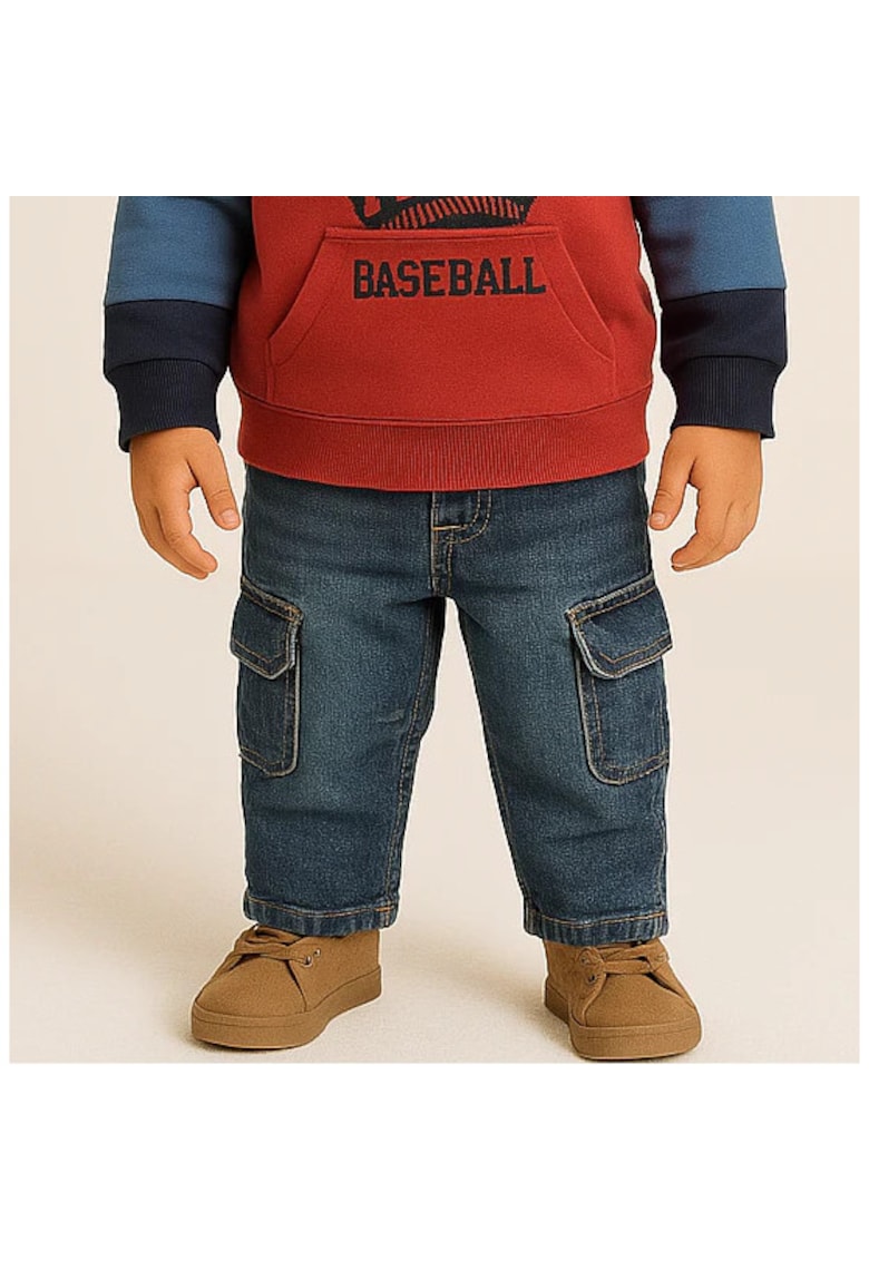 Blugi cargo cu talie elastica si buzunare in parti  - Athletic Team - Albastru Denim - pentru baietei