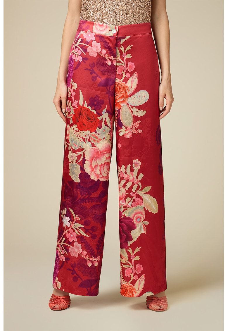 Pantaloni cu croiala ampla si motive florale - Rosu/Roz