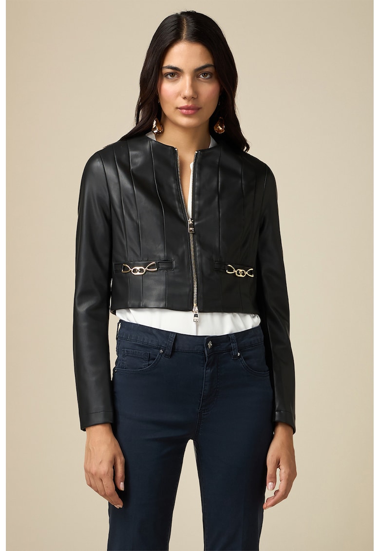 Jacheta biker de piele ecologica cu garnituri metalice - Negru