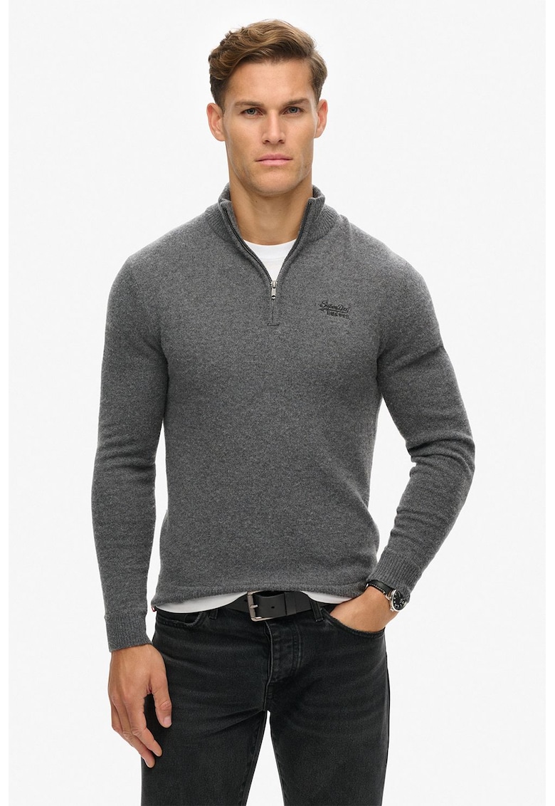 Pulover slim-fit din amestec de lana cu fenta cu fermoar - Gri inchis melange