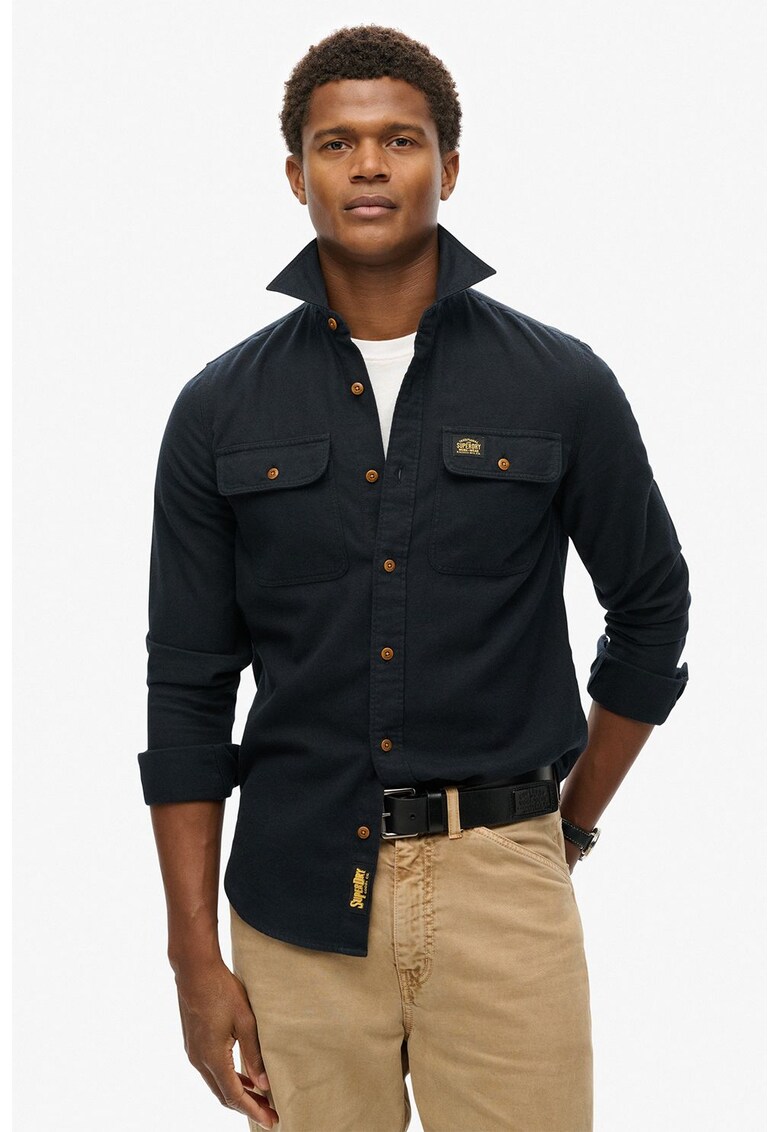 Camasa relaxed fit de bumbac cu buzunare pe piept - Bleumarin