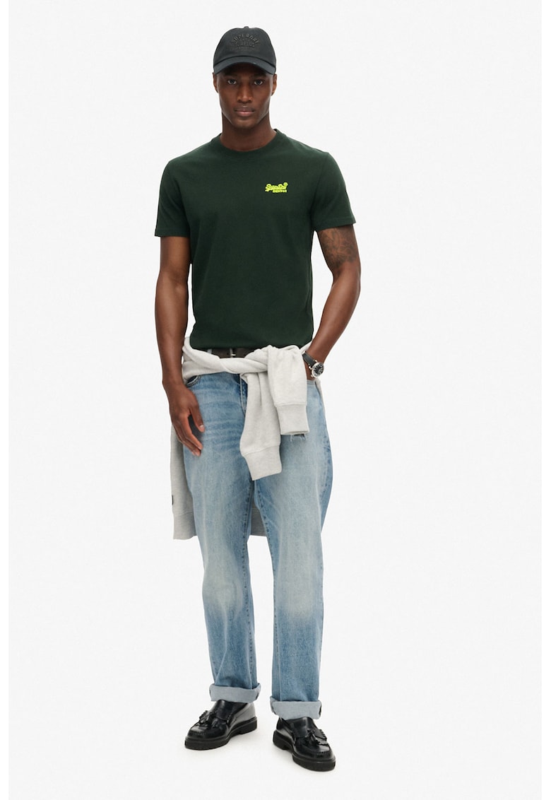 Tricou cu decolteu la baza gatului si logo - Verde inchis