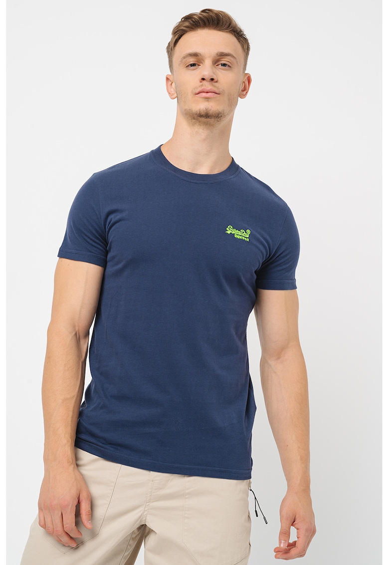 Tricou cu decolteu la baza gatului si logo - Albastru indigo/Verde lime