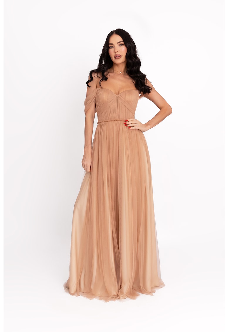 Rochie maxi cu decolteu pe umeri - Roz somon