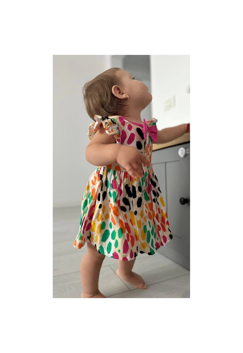 Rochie cu fundita roz si volane la maneci - Hope - Bej cu buline colorate - pentru fetite