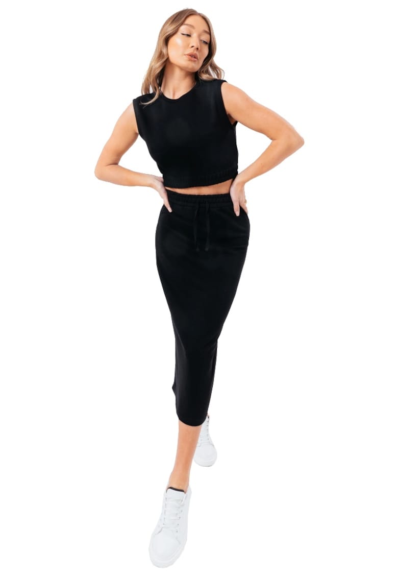 Justhype Set de bluza crop si fusta midi - Sweat Midi Skirt Loungewear Set 10078 - Negru