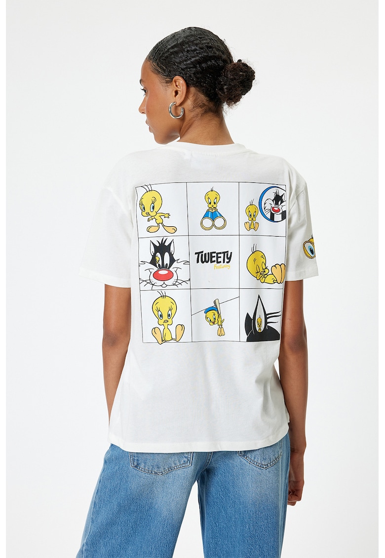 Tricou supradimensionat cu decolteu la baza gatului si imprimeu Tweety