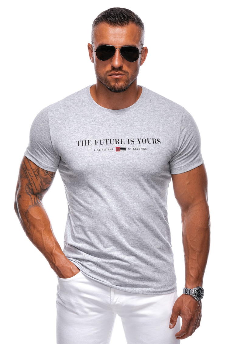 Tricou de bumbac cu imprimeu text - Gri deschis melange