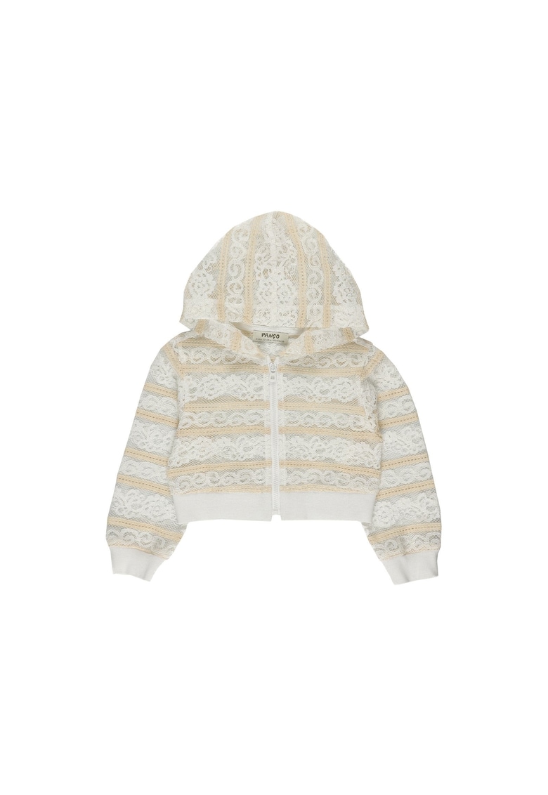 Jacheta crop din tesatura cu dantela  - Lace Effect - Dungi Alb si Bej - pentru fetite