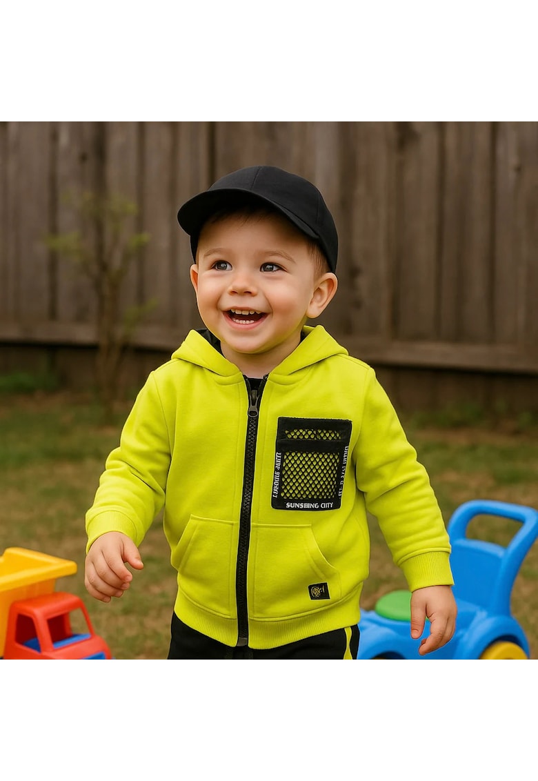 Haorac cu gluga - fermoar cu detaliu buzunar - City Boys - Galben Fosforescent - pentru baietei