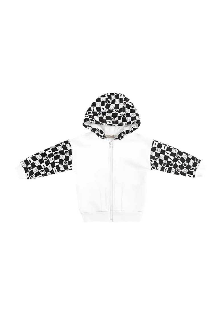 Hanorac cu gluga si fermoar  - Feeling Good - Alb si carouri - pentru baietei