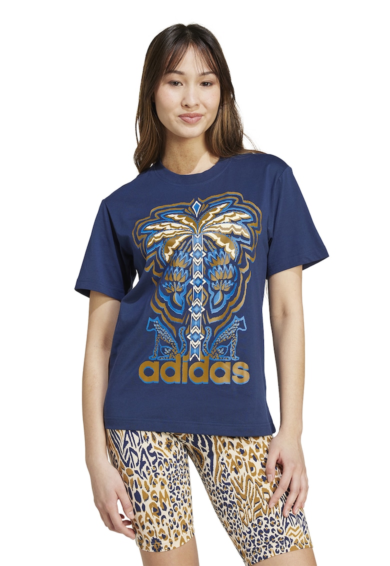 Tricou cu decolteu la baza gatului si imprimeu - Auriu/Albastru