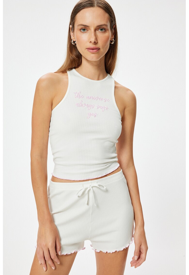 Top striat cu broderie text - Alb
