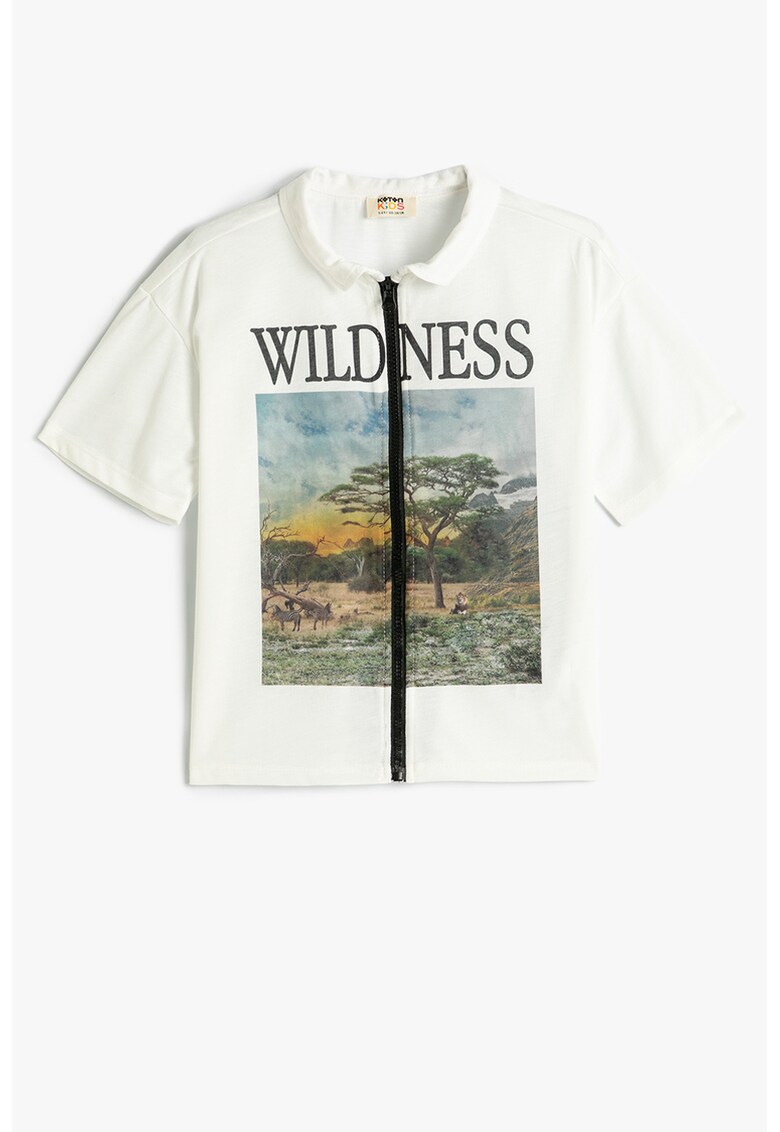 Tricou cu imprimeu safari si fermoar - Alb murdar