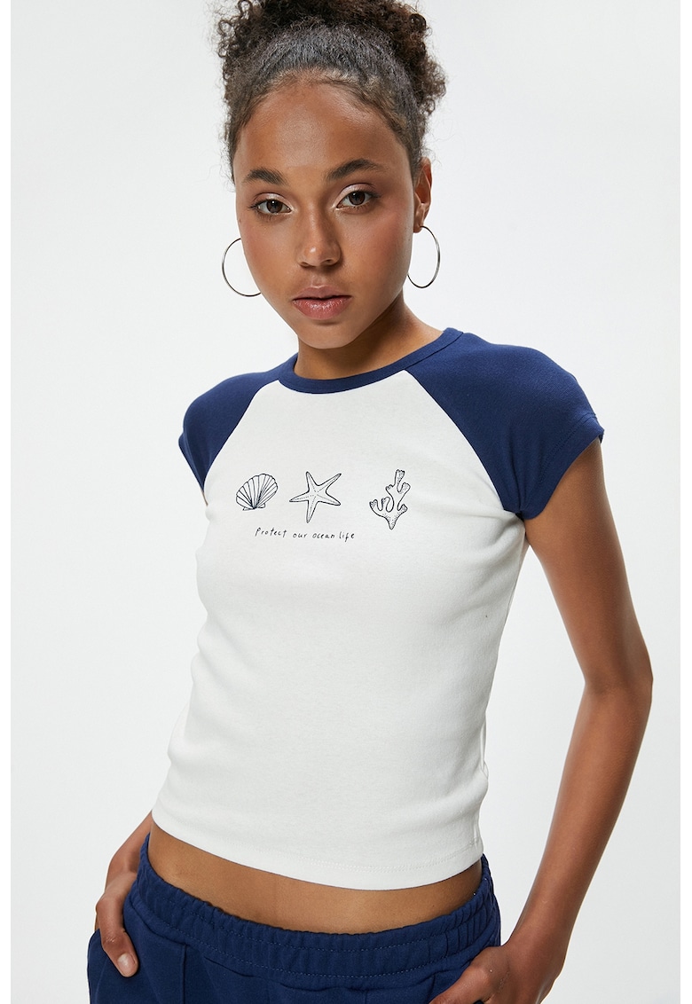 Tricou crop cu maneci raglan - Alb murdar/Bleumarin