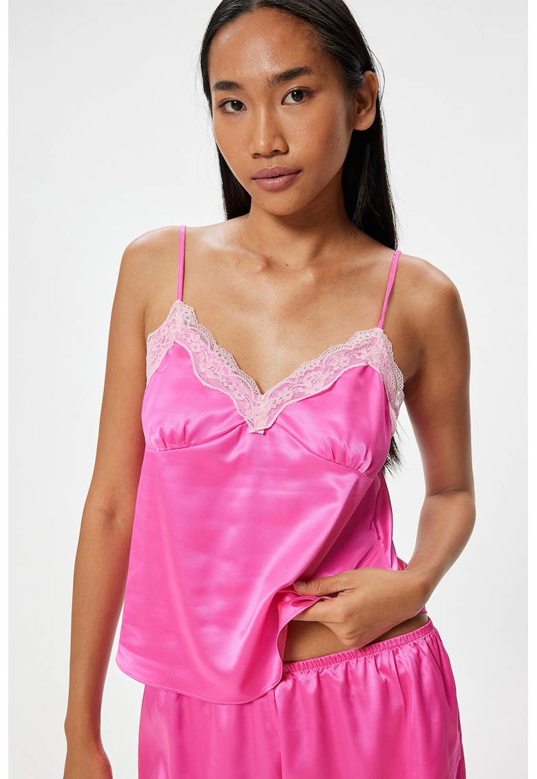 Top de pijama din satin cu garnituri din dantela - Roz