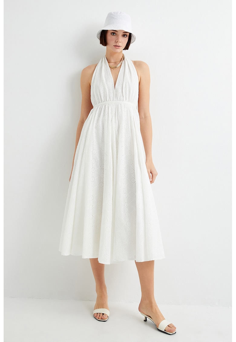 Rochie midi evazata din amestec de bumbac cu decolteu in V