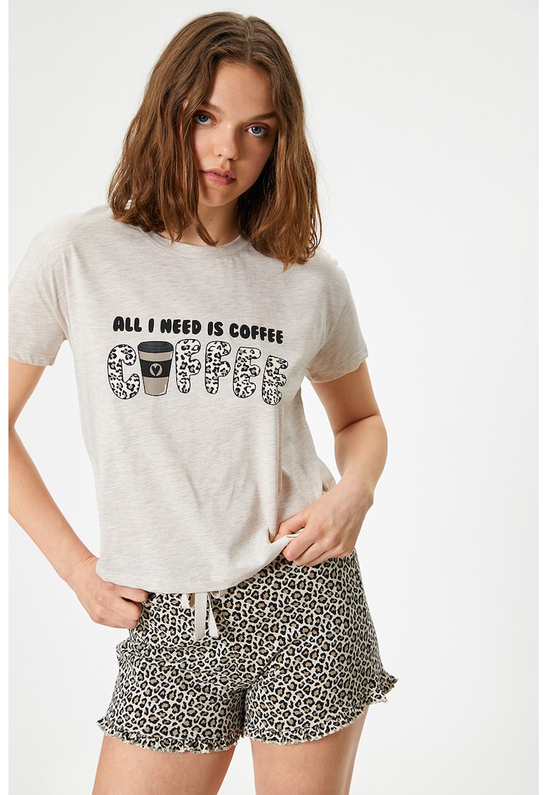 Pijama scurta din bumbac cu imprimeu cu cafea