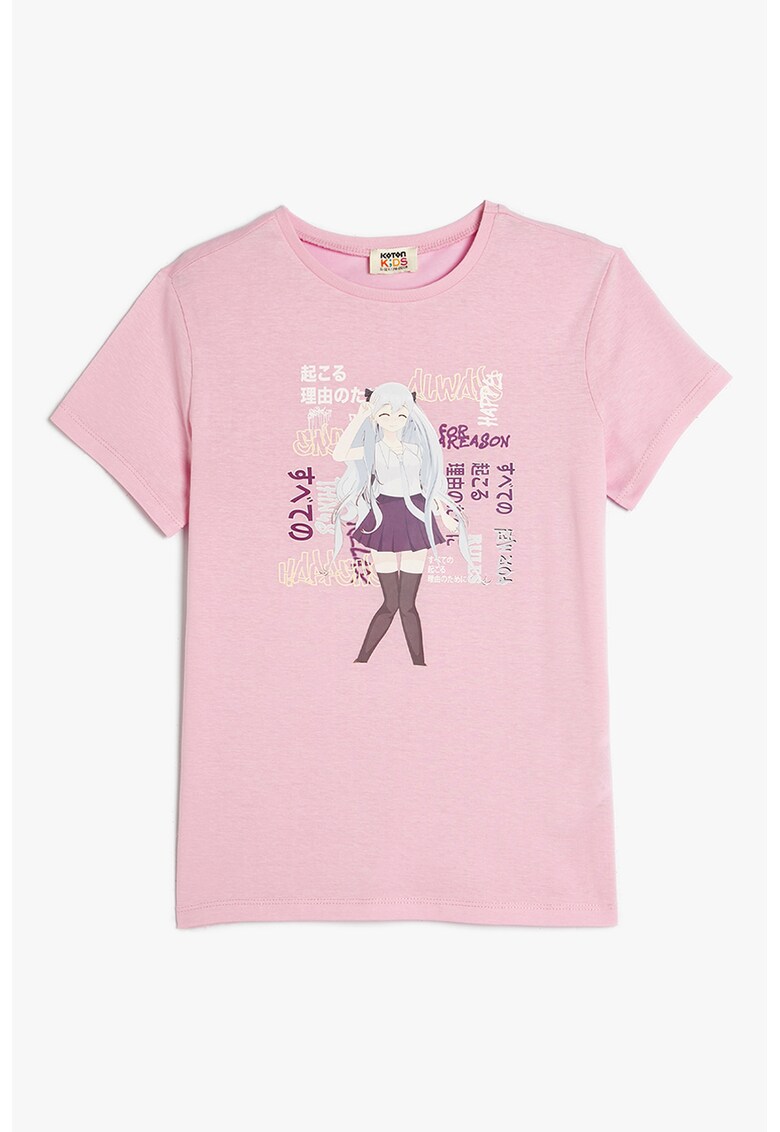 Tricou din bumbac cu decolteu la baza gatului - Alb/Roz