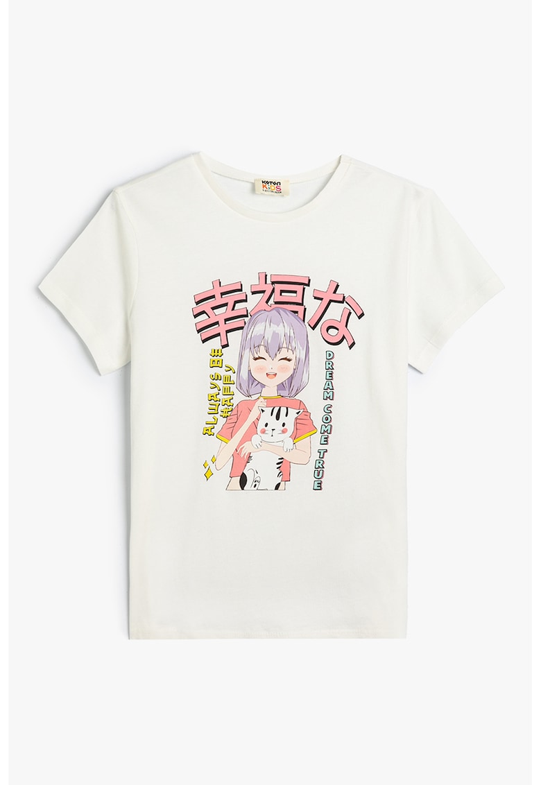 Tricou regular fit din bumbac cu decolteu la baza gatului si imprimeu grafic - Alb/Roz