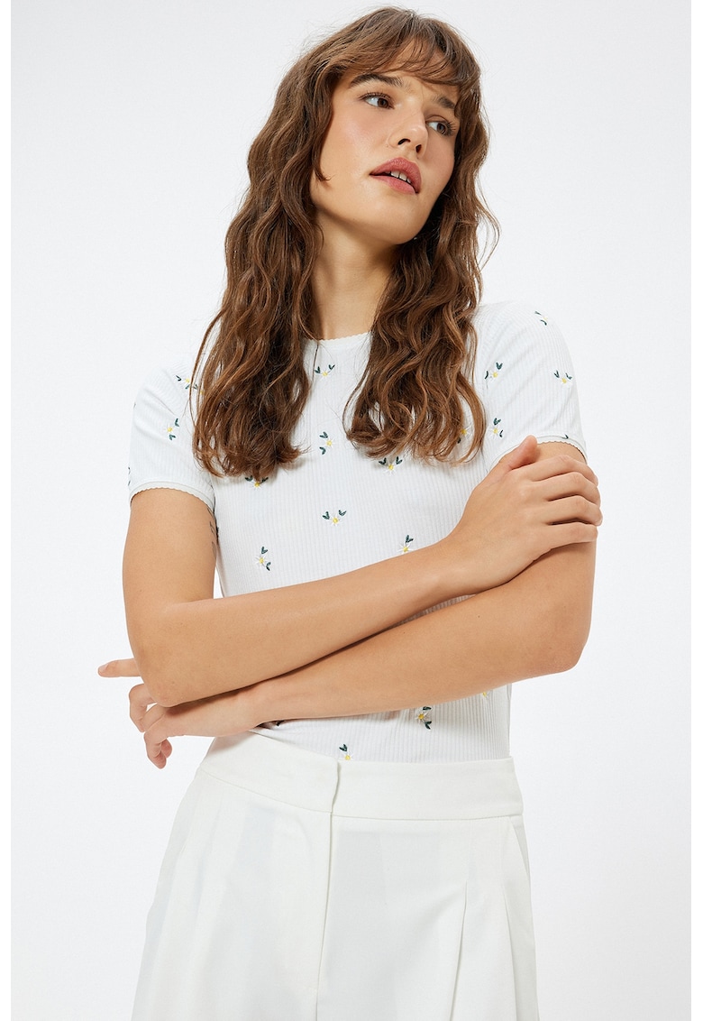 Tricou striat cu broderie florala - Alb