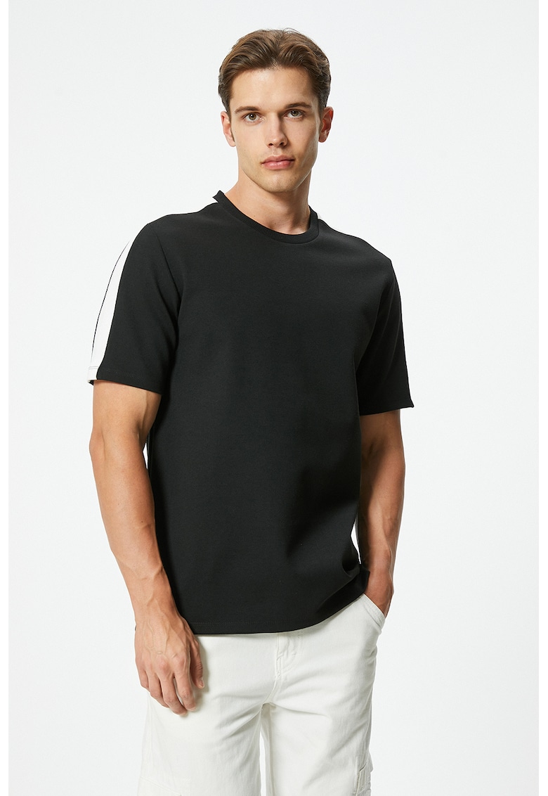 Tricou din amestec de bumbac cu decolteu la baza gatului - Alb/Negru