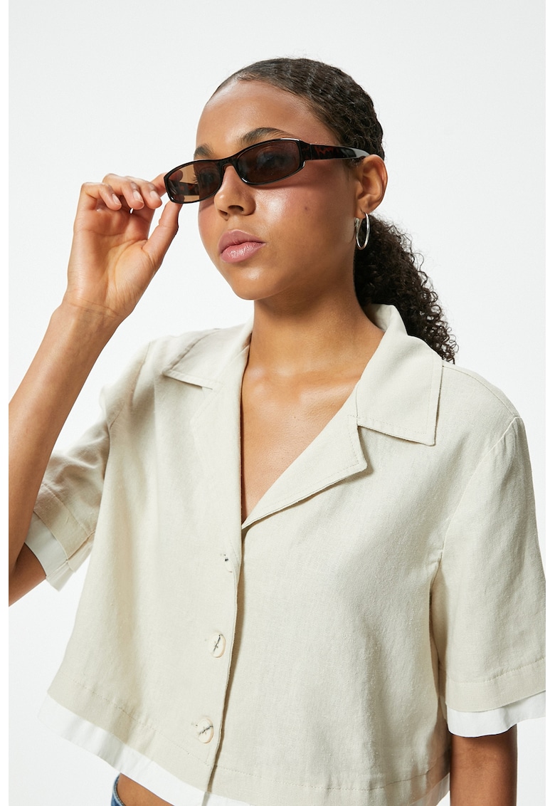 Camasa crop din amestec de in cu revere decupate