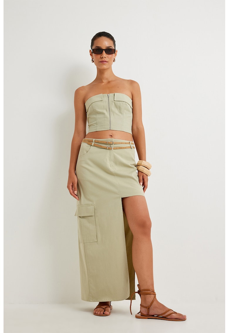 Top crop slim fit cu fermoar - Verde pal